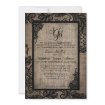 Rustic Goth Black Lace Burlap Wedding Einladung
