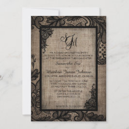 Rustic Goth Black Lace Burlap Wedding Einladung