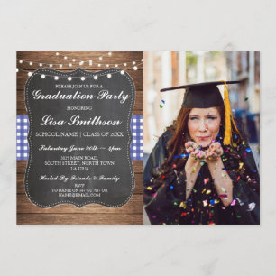 Rustic Graduation Party Blue Karo Chalk GRILLEN Fo Einladung