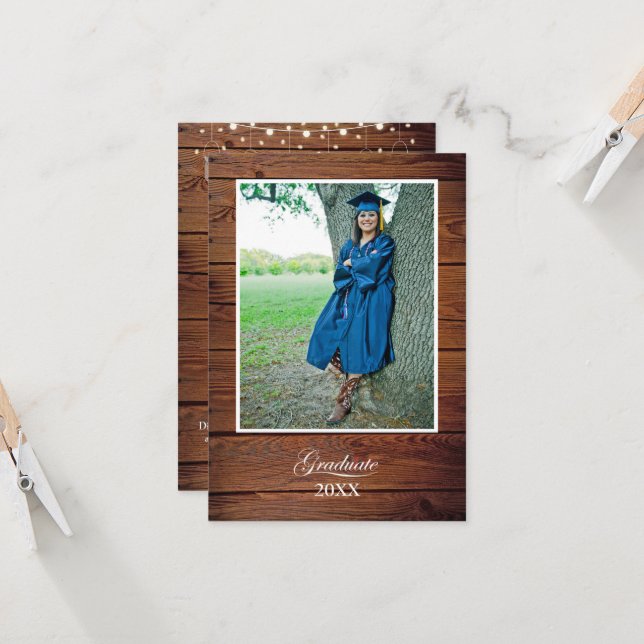 Rustic Graduation Party Invitation string lights Karte (Vorderseite/Rückseite Beispiel)