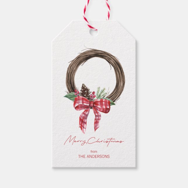 Rustic Grapevine Wreath Frohe Weihnachten Geschenkanhänger (Vorderseite)