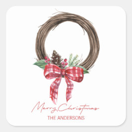 Rustic Grapevine Wreath Frohe Weihnachten Quadratischer Aufkleber