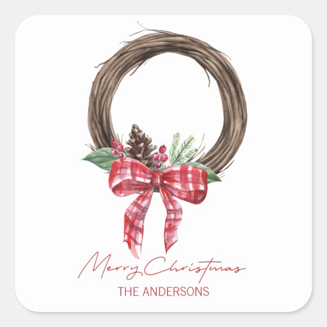 Rustic Grapevine Wreath Frohe Weihnachten Quadratischer Aufkleber (Vorderseite)