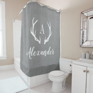 Rustic Gray Antler Monogram Bauernhof Badezimmer Duschvorhang