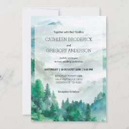 Rustic Green and White Watercolor Mountain Wedding Einladung