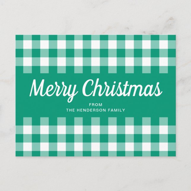 Rustic Green Gingham Checkered Frohe Weihnachten Postkarte (Vorderseite)