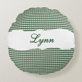 Rustic Green Gingham Personalized Name Rundes Kissen