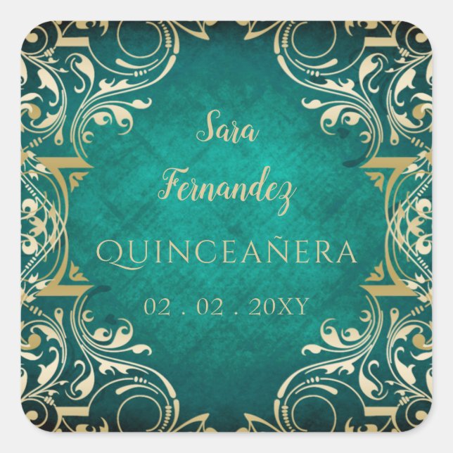 Rustic Green Gold Elegante Quinceanera Quadratischer Aufkleber (Vorderseite)