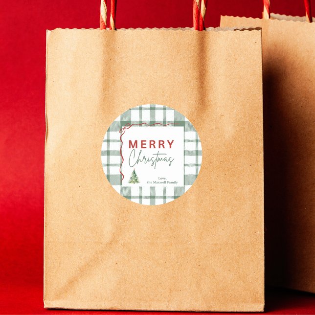 Rustic Green Kariert Frohe Weihnachtsaufkleber Runder Aufkleber (Rustic Green Plaid Merry Christmas Sticker
)