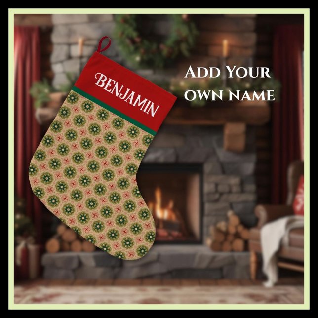 Rustic Green Pine Needles and Red Lace Großer Weihnachtsstrumpf (Von Creator hochgeladen)