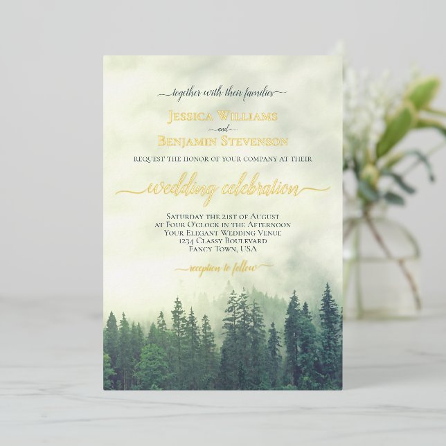 Rustic Green Pine Trees Elegant Wedding  Folieneinladung (Stehend vorne)