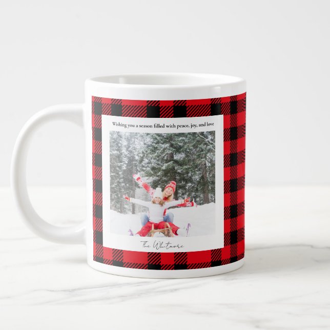 Rustic Green Red Plaid Monogram 2 Photo Christmas Jumbo-Tasse (Links)
