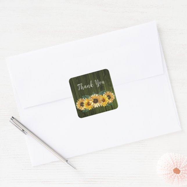 Rustic Green Sunflower Wedding Vielen Dank Quadratischer Aufkleber (Umschlag)