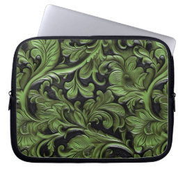 Rustic green tooled leather laptopschutzhülle