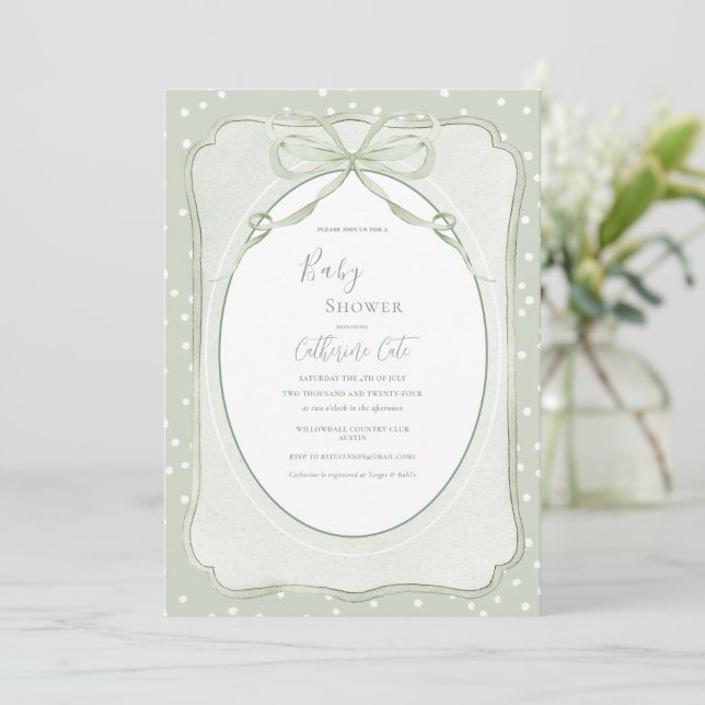 Rustic Green Vintage Baby Shower Einladung (Stehend Vorderseite)