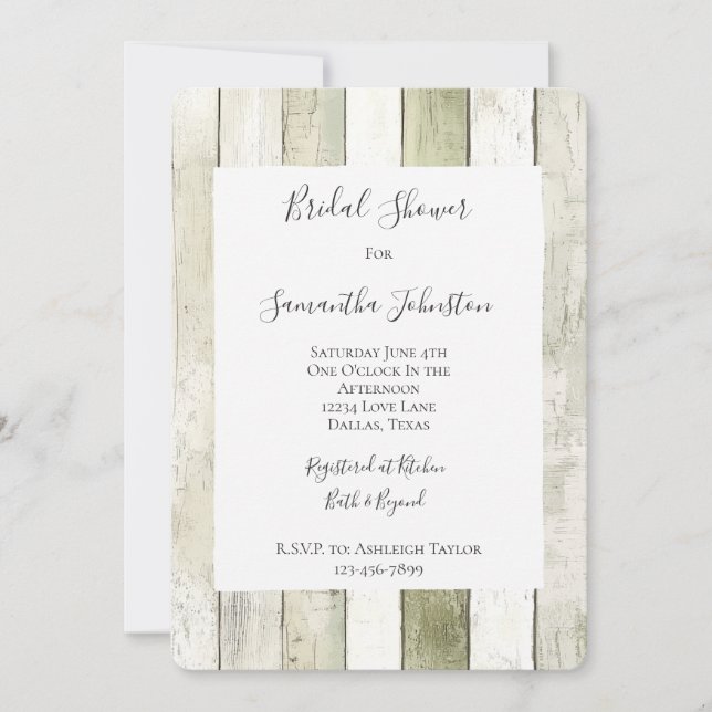 Rustic Green White Faux Wood Bridal Shower Einladung (Vorderseite)