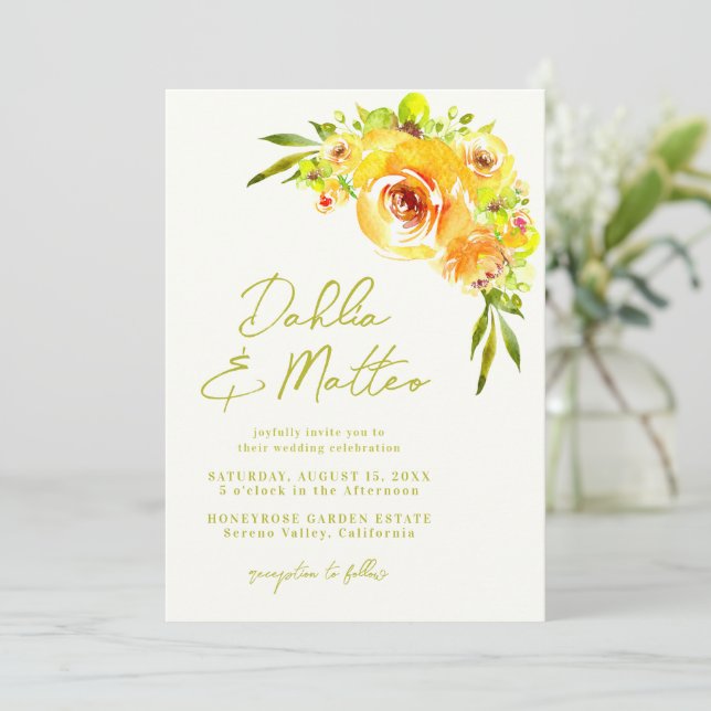 Rustic Green Yellow Floral Handwritten Wedding Einladung (Stehend Vorderseite)