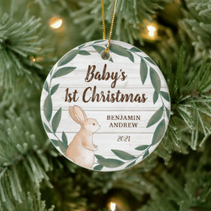 Rustic Greenery Bunny Baby's First Christmas Foto Keramik Ornament