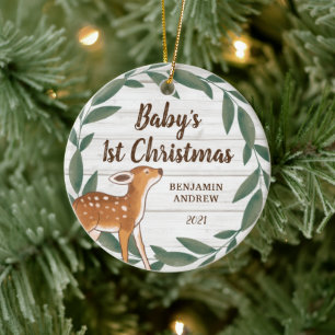 Rustic Greenery Deer Baby's First Christmas Photo Keramik Ornament