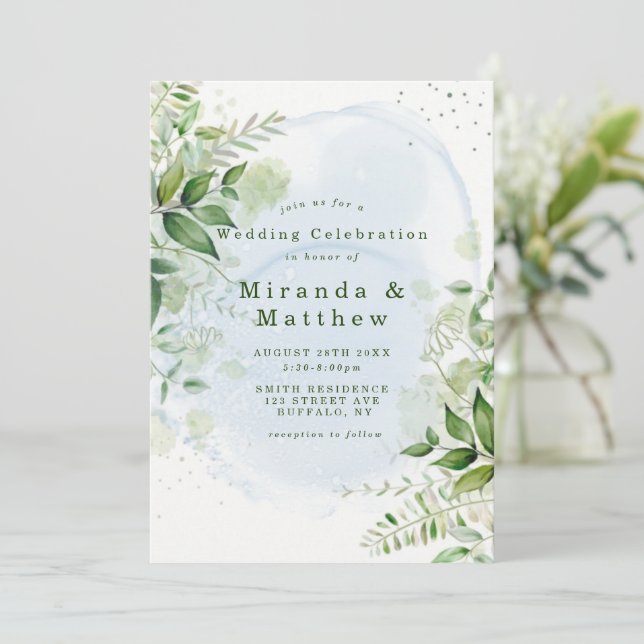Rustic Greenery Dusty Blue Airy Hochzeitseinladung (Stehend Vorderseite)