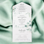 Rustic Greenery Eucalyptus Summer Wedding All In One Einladung<br><div class="desc">Imagine an all-in-one wedding invitation that beautifully embodies a botanical theme, creating a seamless blend of nature and elegance. The invitation opens to reveal a captivating bouquet of eucalyptus and leaves, capturing the essence of a lush garden. Delicate calligraphy adorns the headings, adding an air of grace and romance to...</div>