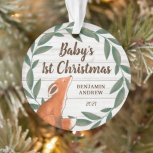 Rustic Greenery Fox Baby's First Christmas Foto Ornament