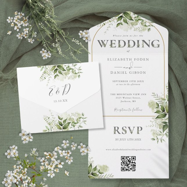 Rustic Greenery Gold Arch QR Code Wedding All In One Einladung (Rustic Greenery Gold Arch QR Code Wedding All In One Invitation)