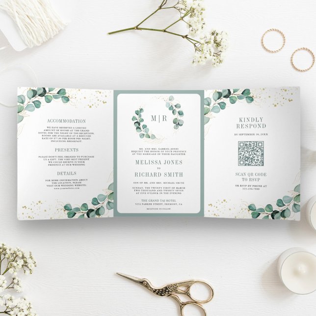 Rustic Greenery Gold Eucalyptus QR Code Wedding Dreifach Gefaltete Einladung (Von Creator hochgeladen)