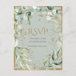 Rustic Greenery Gold Glitzer Wedding RSVP Postkarte