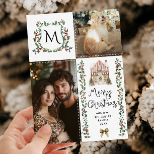 Rustic Greenery Monogram Bow Merry Christmas Foto Feiertagskarte