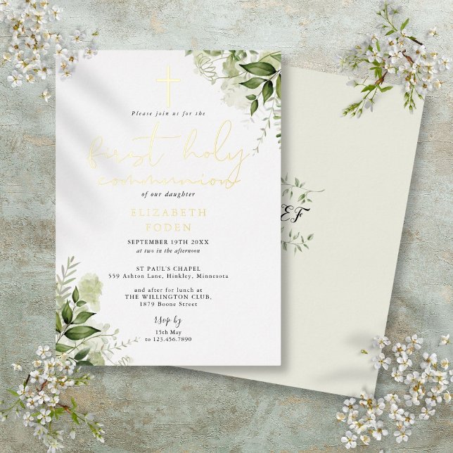 Rustic Greenery Monogram First Holy Communion Folieneinladung (Rustic Greenery Monogram First Holy Communion Foil Invitation)