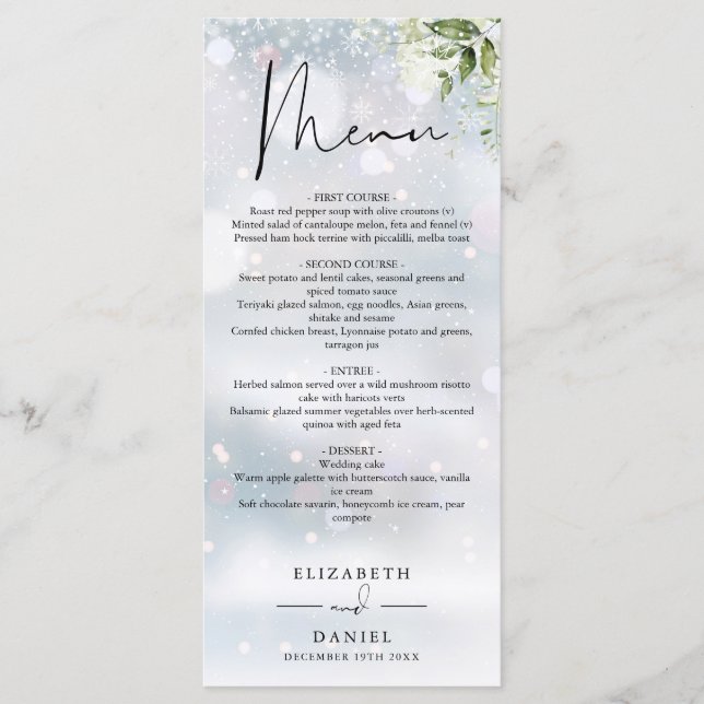 Rustic Greenery Monogram Winter Wedding Dinner Menükarte (Vorderseite)