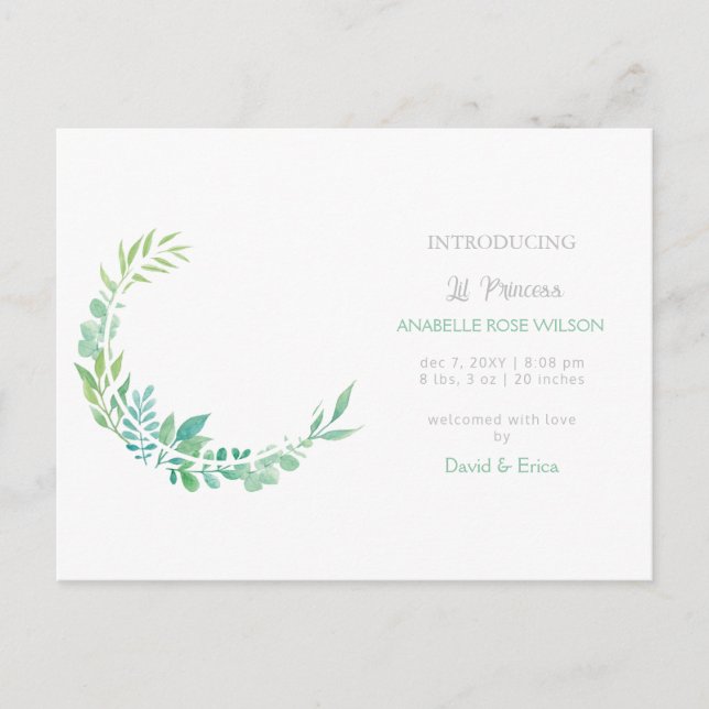 Rustic Greenery New Baby Foto Geburtserklärung Ankündigungspostkarte (Vorderseite)