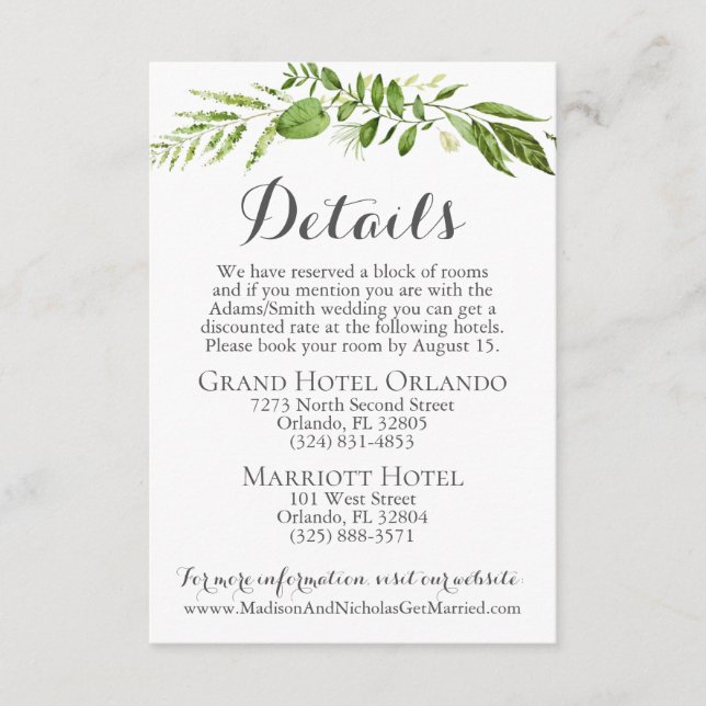 Rustic Greenery Wedding Details Card Fügt Leaf ein Begleitkarte (Vorderseite)