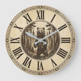 Rustic Grizzly Bear Wall Clock | Wood Style  Große Wanduhr