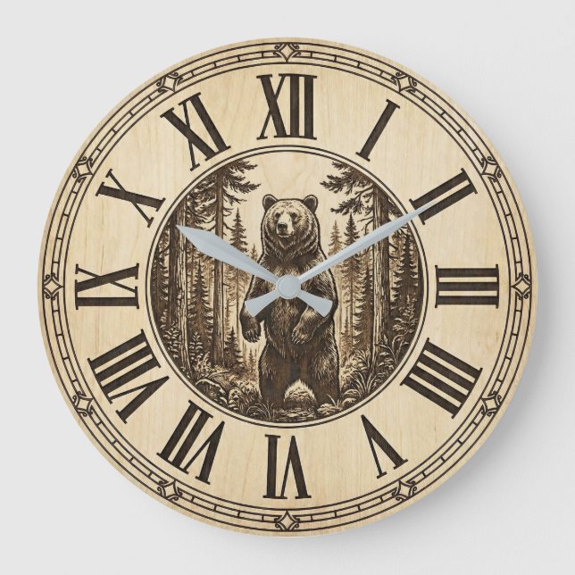 Rustic Grizzly Bear Wall Clock | Wood Style  Große Wanduhr (Vorderseite)