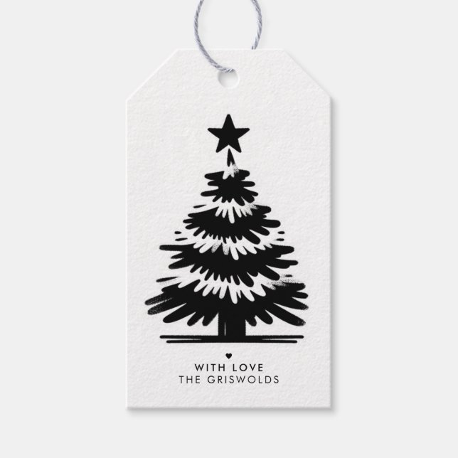 Rustic Grunge Black & White Merry Christmas Tree Geschenkanhänger (Vorderseite)