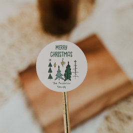Rustic Hand Painted Green Abstract Christmas Trees Runder Aufkleber