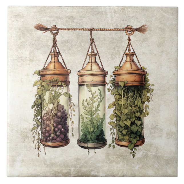 Rustic Hanging Herbs Grapes Watercolors Fliese (Vorderseite)