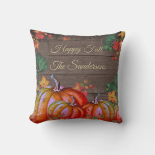 Rustic Happy Fall Orange Pumpkin Herbstlaubs Wood Kissen
