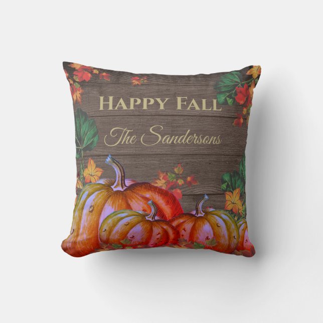 Rustic Happy Fall Orange Pumpkin Herbstlaubs Wood Kissen (Vorderseite)