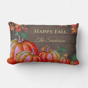 Rustic Happy Fall Orange Pumpkin Herbstlaubs Wood Lendenkissen