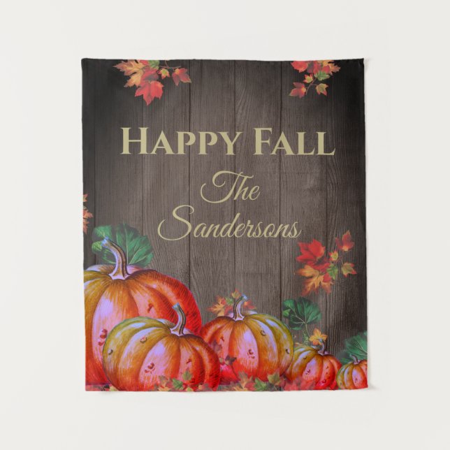 Rustic Happy Fall Orange Pumpkin Herbstlaubs Wood Wandteppich (Vorderseite)