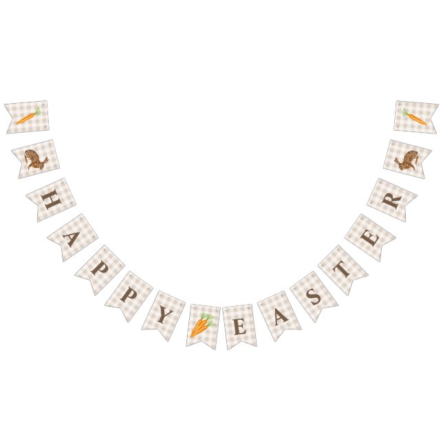 Rustic Hare And Carrot Happy Easter Beige Gingham Wimpelkette (Alle)