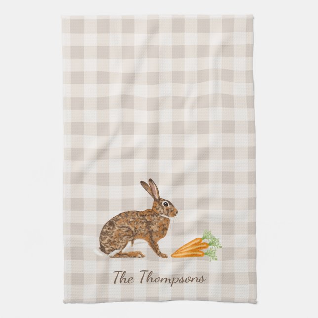 Rustic Hare And Carrots With Name Beige Gingham Geschirrtuch (Vertikal)