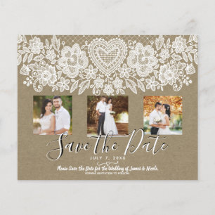 Rustic Heart White Spitze Kraft Foto Save the Date