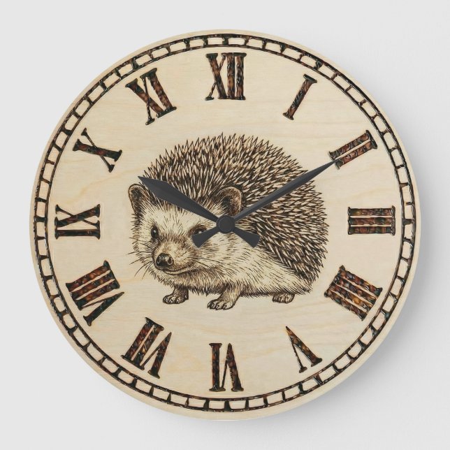 Rustic Hedgehog Wall Clock – Woodland Wooden Style Große Wanduhr (Vorderseite)