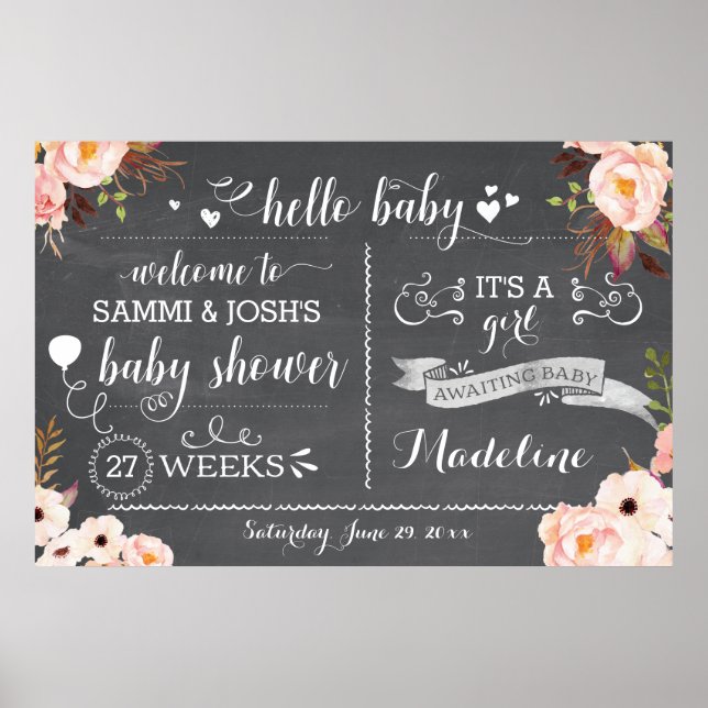 Rustic Hello Baby Floral Baby Duschzeichen Poster (Vorne)