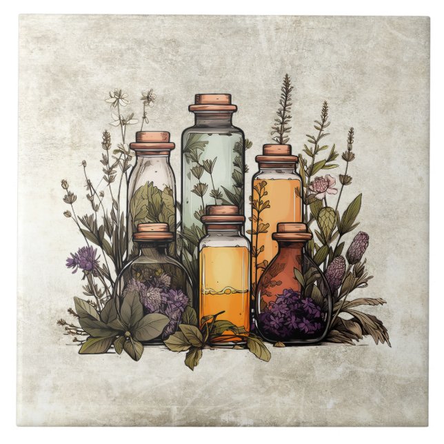 Rustic Herbs & Spices in Bottles Watercolors Fliese (Vorderseite)