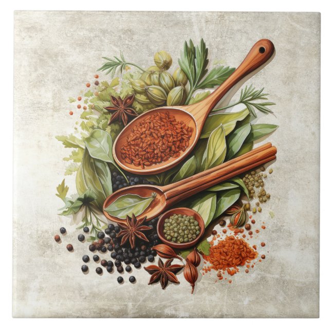 Rustic Herbs & Spices Watercolors Fliese (Vorderseite)